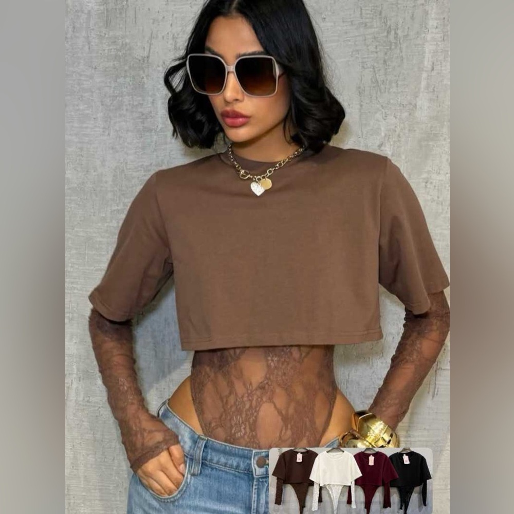 Lace Long Sleeve Bodysuit with Crop Top - Picture 4 of 15